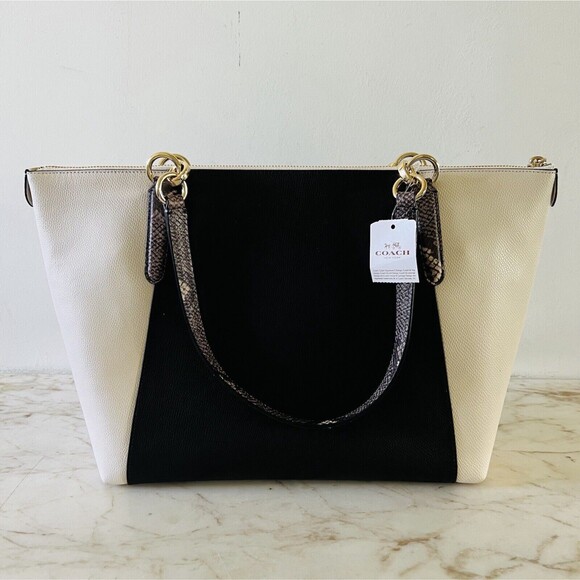 COACH Ava Black White Exotic Trim Leather Colorblock Tote Bag - Picture 7 of 12